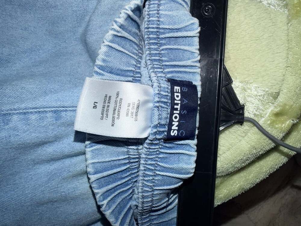 Basic Editions Denim Pants Size L Blue Cotton Elastic Waist